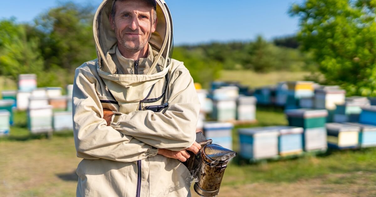A man wearing a beekeeping jacket holding a smoker, with numerous beehives visible in the background.